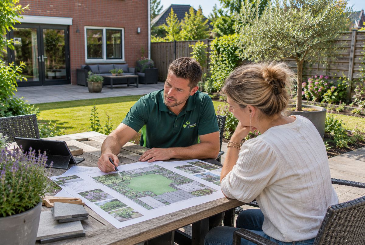Hovenier bespreekt een tuinontwerp met een klant aan de hand van een gedetailleerde tuinplattegrond in een particuliere achtertuin