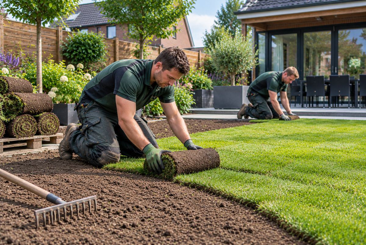 Twee hoveniers leggen graszoden aan in een Nederlandse achtertuin en rollen nieuwe grasmatten uit op voorbereide grond