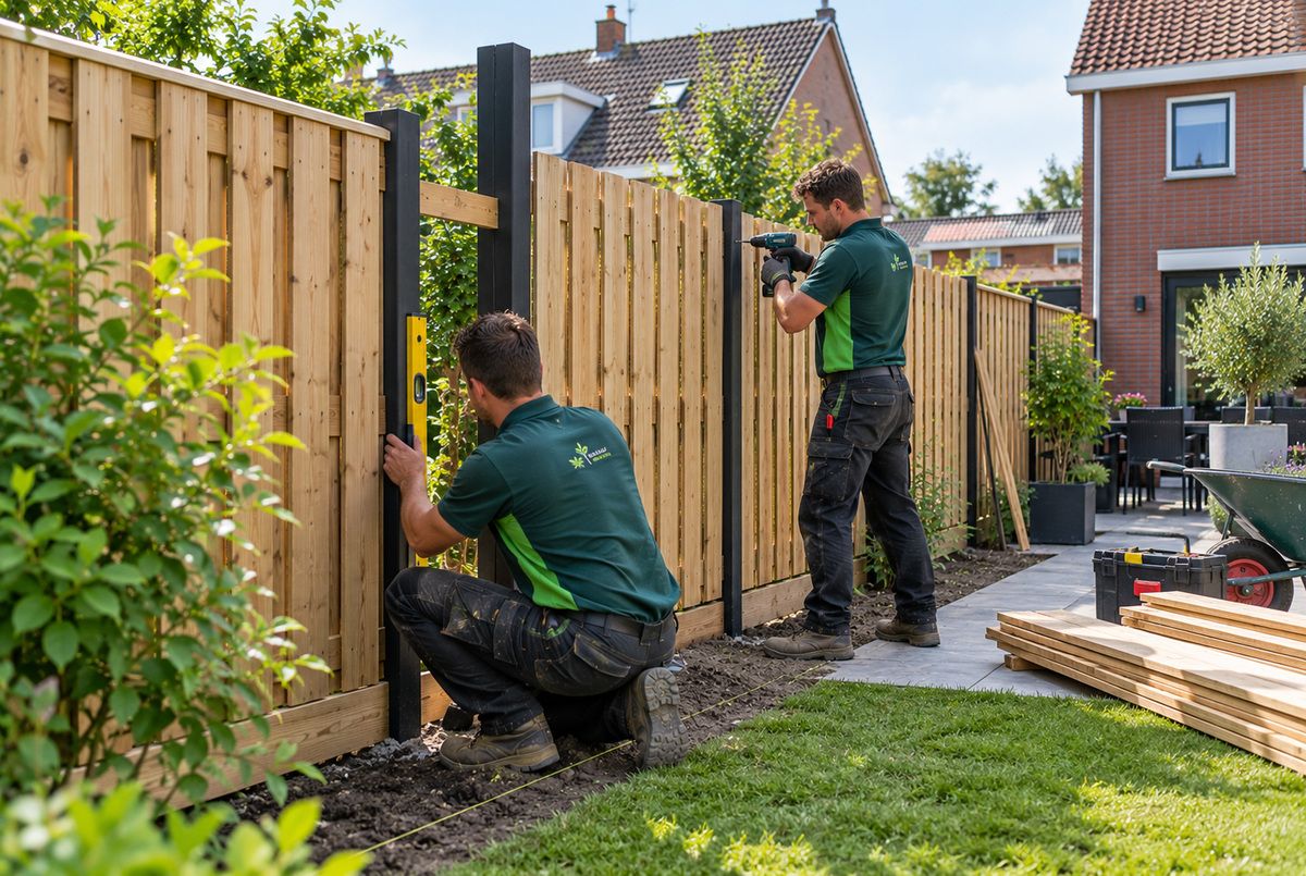 Twee hoveniers plaatsen een houten schutting in een particuliere tuin, waarbij ze de schuttingpalen controleren en de houten panelen bevestigen