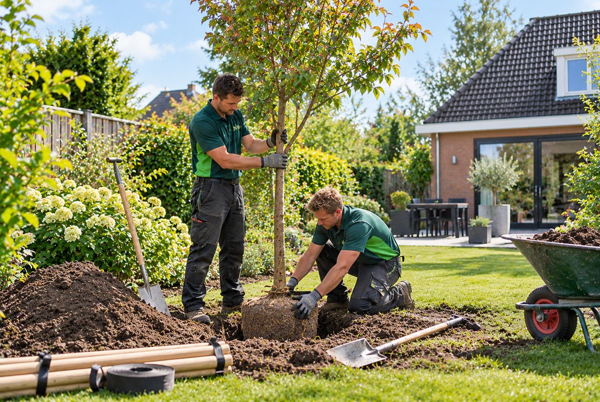 Twee hoveniers planten een jonge sierboom met wortelkluit in een particuliere tuin en controleren de positie van de boom in de plantkuil