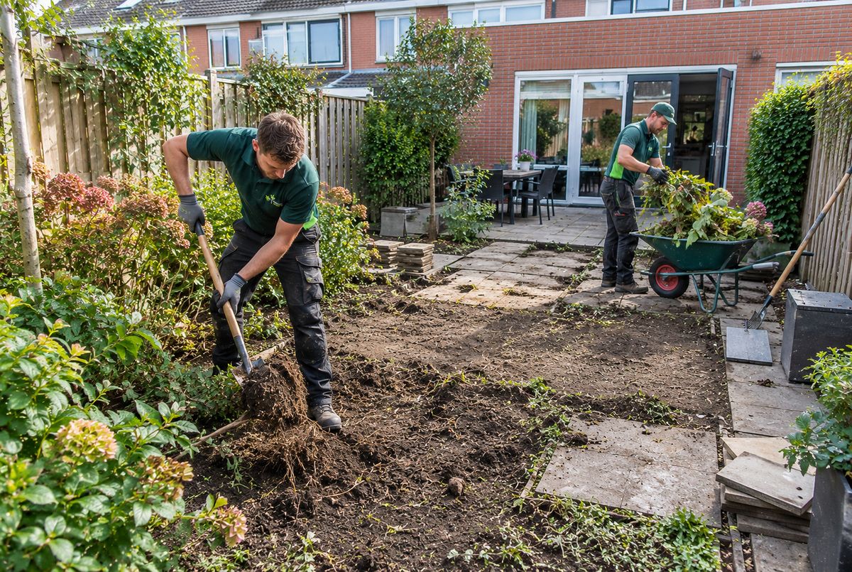 Twee hoveniers verwijderen oude beplanting en boomwortels uit een particuliere achtertuin ter voorbereiding op een tuinrenovatie