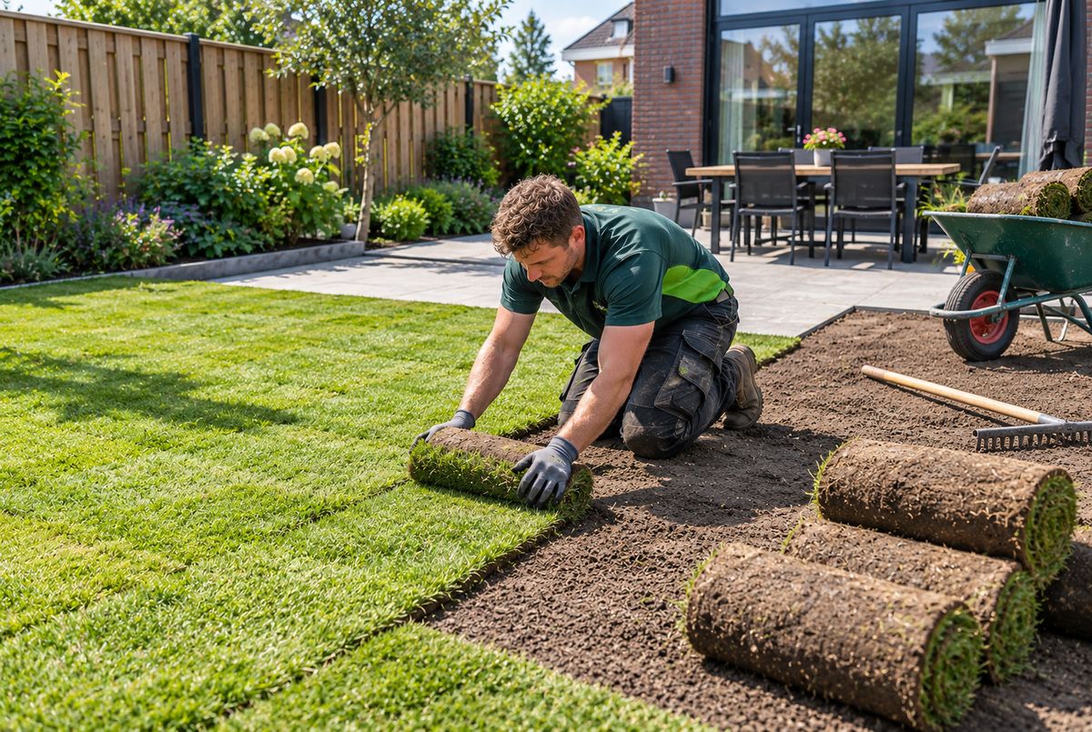 Hovenier legt graszoden aan in een particuliere achtertuin Hovenier legt graszoden aan in een particuliere achtertuin en rolt een graszode uit op de voorbereide ondergrond