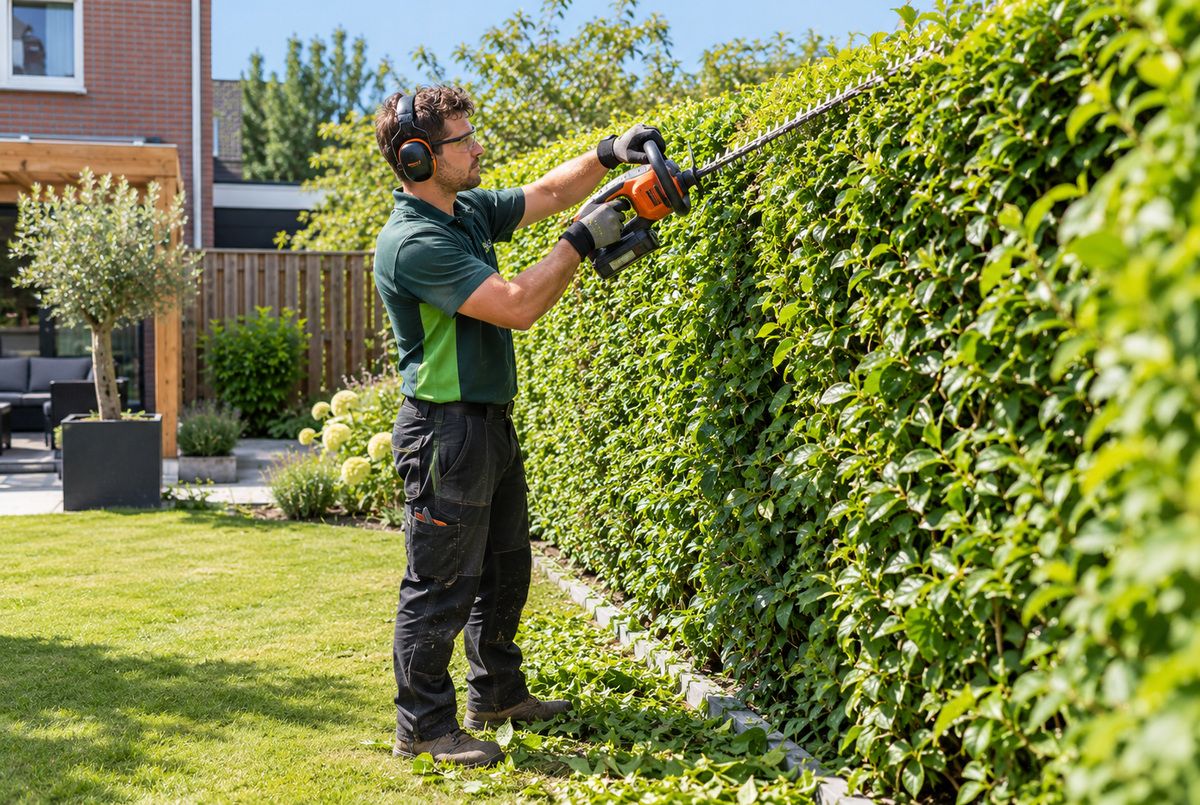Hovenier snoeit een hoge groene haag in een particuliere tuin met een elektrische heggenschaar en draagt gehoor- en oogbescherming