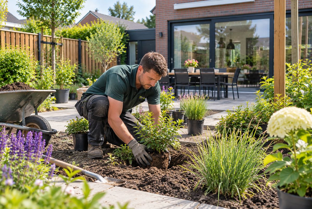 Hovenier plant een sierheester met wortelkluit in een border van een particuliere achtertuin tijdens het aanleggen van tuinbeplanting
