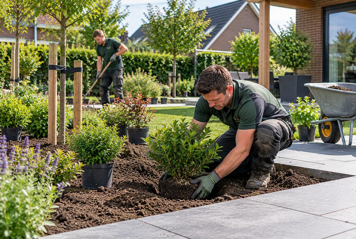 Nederlandse hovenier plant sierheesters in een tuinborder, terwijl een collega de grond voorbereidt tijdens de aanleg van een achtertuin